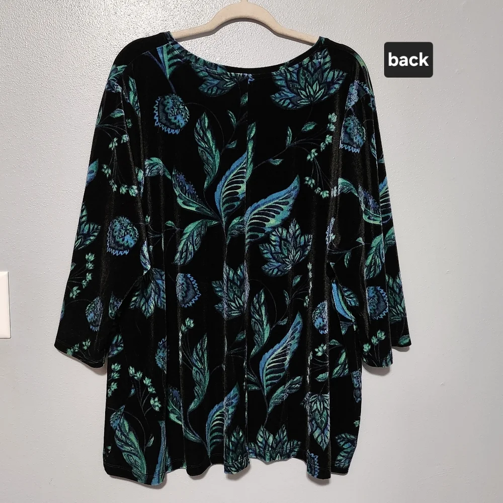 CATHERINES Velvet Tunic Top Womens Plus 3X Black Green Blue Dark Floral Fall - Picture 4 of 9